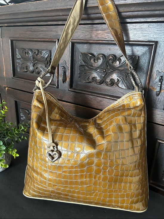 Handbags - Vintage Brighton Croc-Embossed Leather Hobo Bag in Mustard Brown